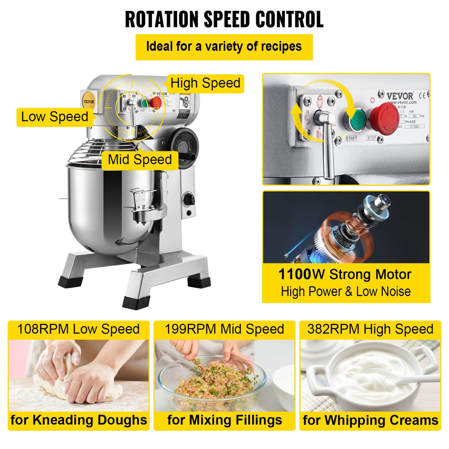 Commercial Food Mixer 30Qt, Food Mixer Commercial with Timing Function, 1100W Stainless Steel Bowl Heavy Duty Electric Commercial Mixer with 3 Speeds Adjustable 108/199/382 RPM, Dough Hook Whisk - Image 4