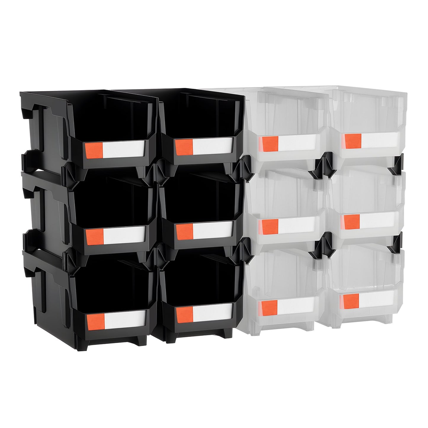 Plastic Stackable Storage Bins, 37.7 x 21.5 x 18 cm (12 Pack), Plastic Containers for Organizing & Storage Bins for Garage, Small Parts, Office Supplies, Other Accessories, Black & Transparent