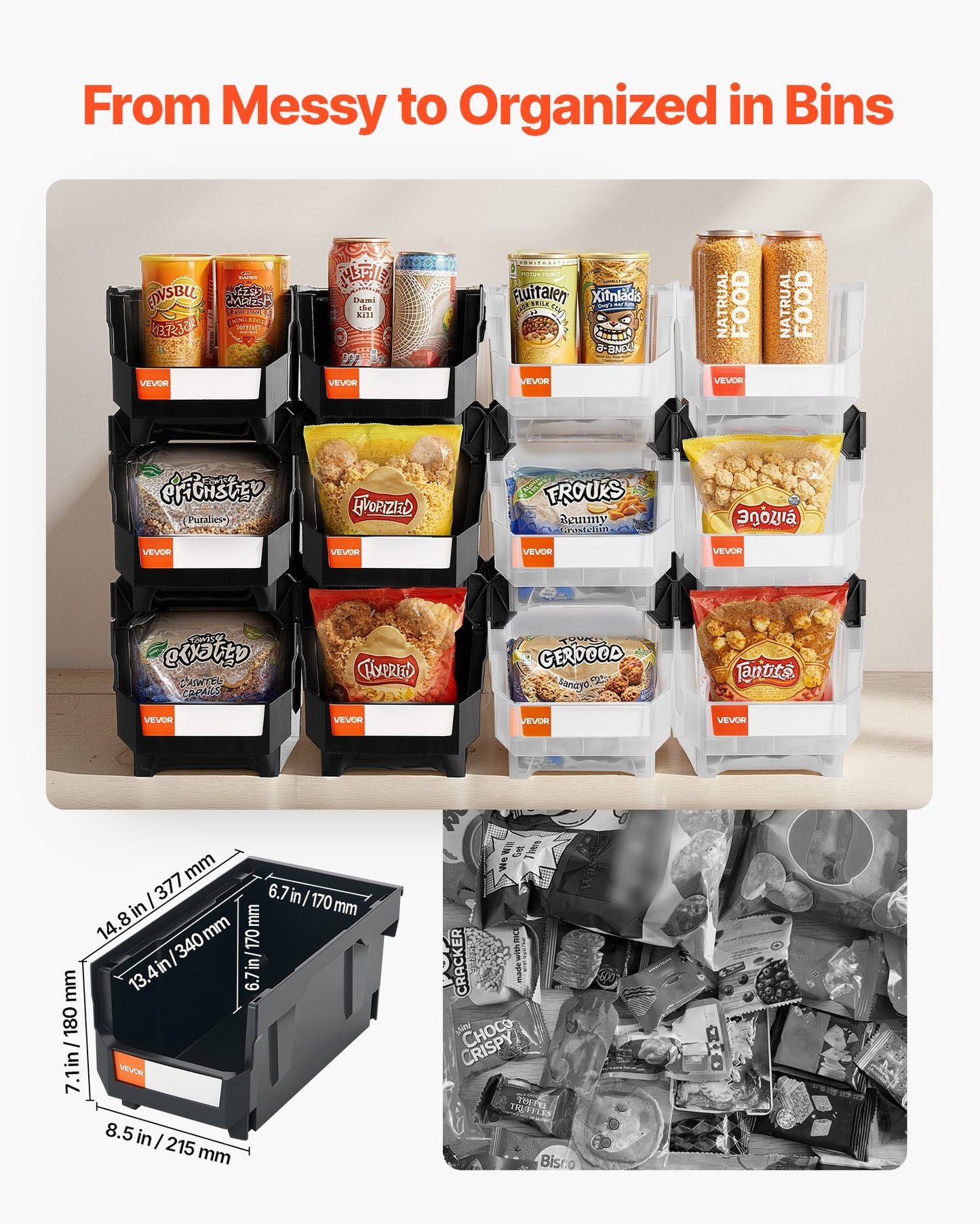 Plastic Stackable Storage Bins, 37.7 x 21.5 x 18 cm (12 Pack), Plastic Containers for Organizing & Storage Bins for Garage, Small Parts, Office Supplies, Other Accessories, Black & Transparent - Image 2