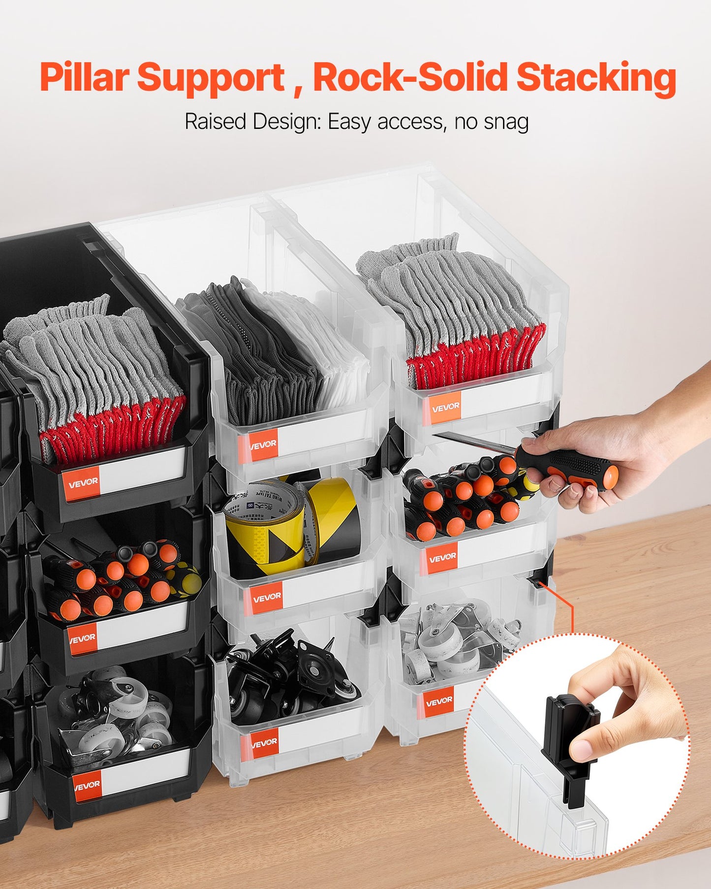 Plastic Stackable Storage Bins, 37.7 x 21.5 x 18 cm (12 Pack), Plastic Containers for Organizing & Storage Bins for Garage, Small Parts, Office Supplies, Other Accessories, Black & Transparent - Image 4