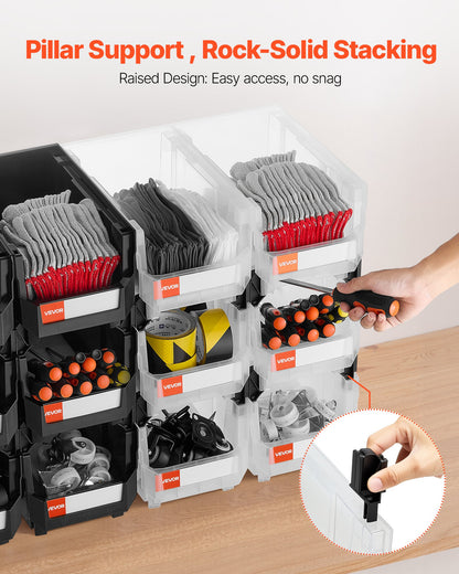 Plastic Stackable Storage Bins, 37.7 x 21.5 x 18 cm (12 Pack), Plastic Containers for Organizing & Storage Bins for Garage, Small Parts, Office Supplies, Other Accessories, Black & Transparent - Image 4
