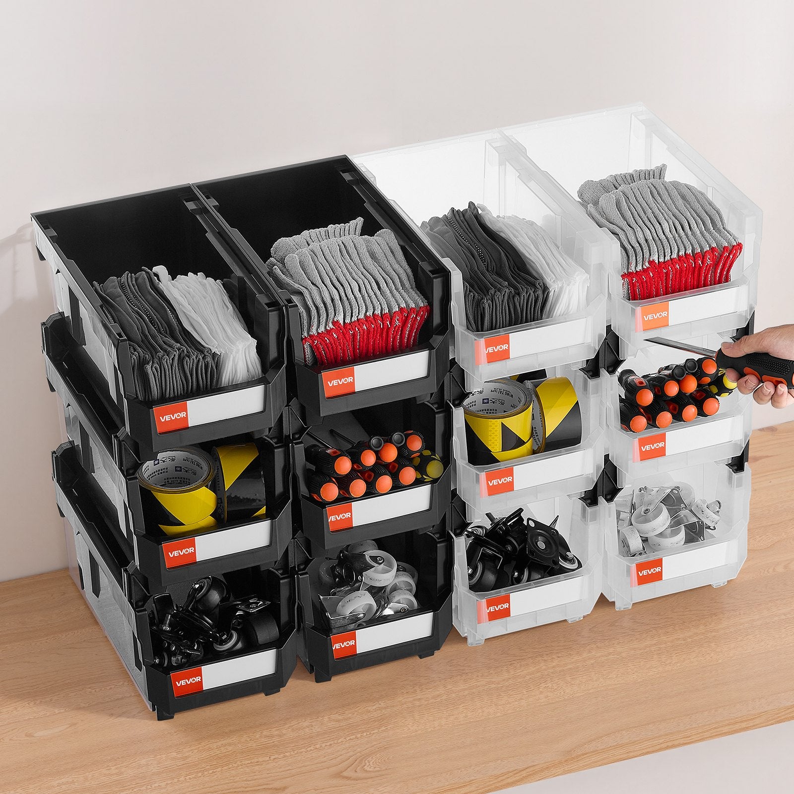 Plastic Stackable Storage Bins, 37.7 x 21.5 x 18 cm (12 Pack), Plastic Containers for Organizing & Storage Bins for Garage, Small Parts, Office Supplies, Other Accessories, Black & Transparent - Image 8