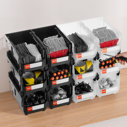Plastic Stackable Storage Bins, 37.7 x 21.5 x 18 cm (12 Pack), Plastic Containers for Organizing & Storage Bins for Garage, Small Parts, Office Supplies, Other Accessories, Black & Transparent - Image 8