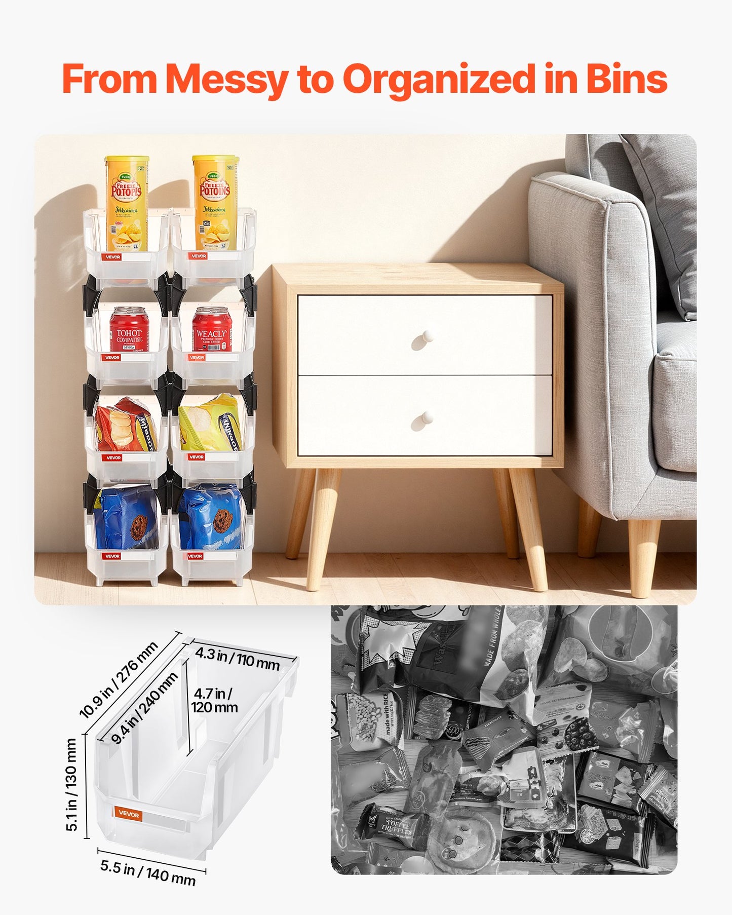 Plastic Stackable Storage Bins, 27.6 x 14 x 13 cm (8 Pack), Plastic Containers for Organizing & Storage Bins for Closet, Garage, Small Parts, Office Supplies, Other Accessories, Transparent - Image 2