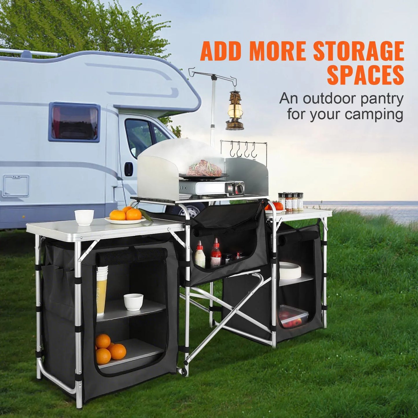 Camping Kitchen Table, Folding Outdoor Cooking Table with Storage Carrying Bag, Aluminum Cook Station 3 Cupboard & Detachable Windscreen, Quick Set-up for Picnics, BBQ, RV Traveling, Black - Image 2