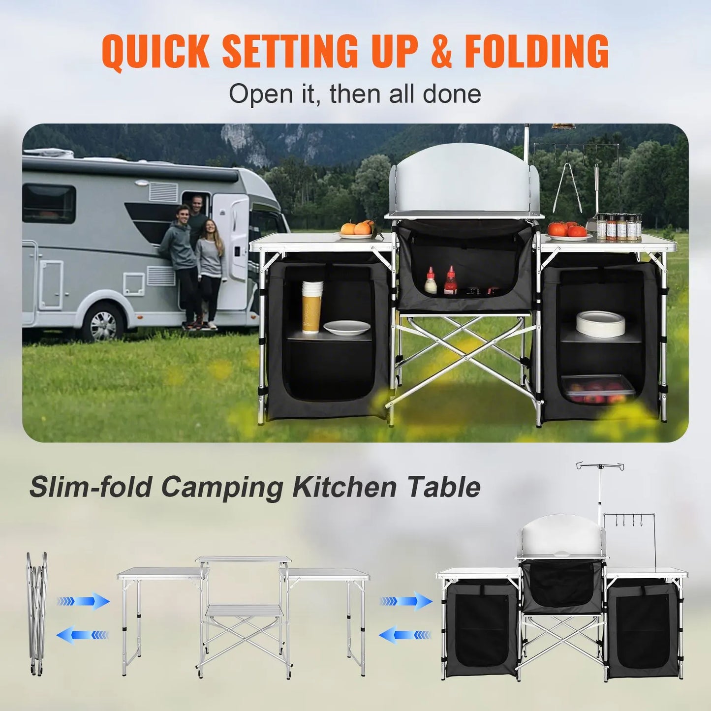 Camping Kitchen Table, Folding Outdoor Cooking Table with Storage Carrying Bag, Aluminum Cook Station 3 Cupboard & Detachable Windscreen, Quick Set-up for Picnics, BBQ, RV Traveling, Black - Image 3