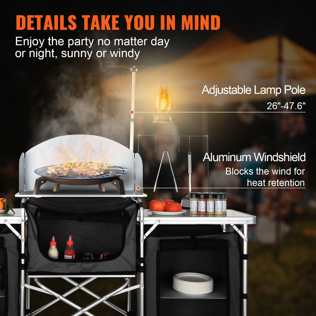 Camping Kitchen Table, Folding Outdoor Cooking Table with Storage Carrying Bag, Aluminum Cook Station 3 Cupboard & Detachable Windscreen, Quick Set-up for Picnics, BBQ, RV Traveling, Black - Image 5