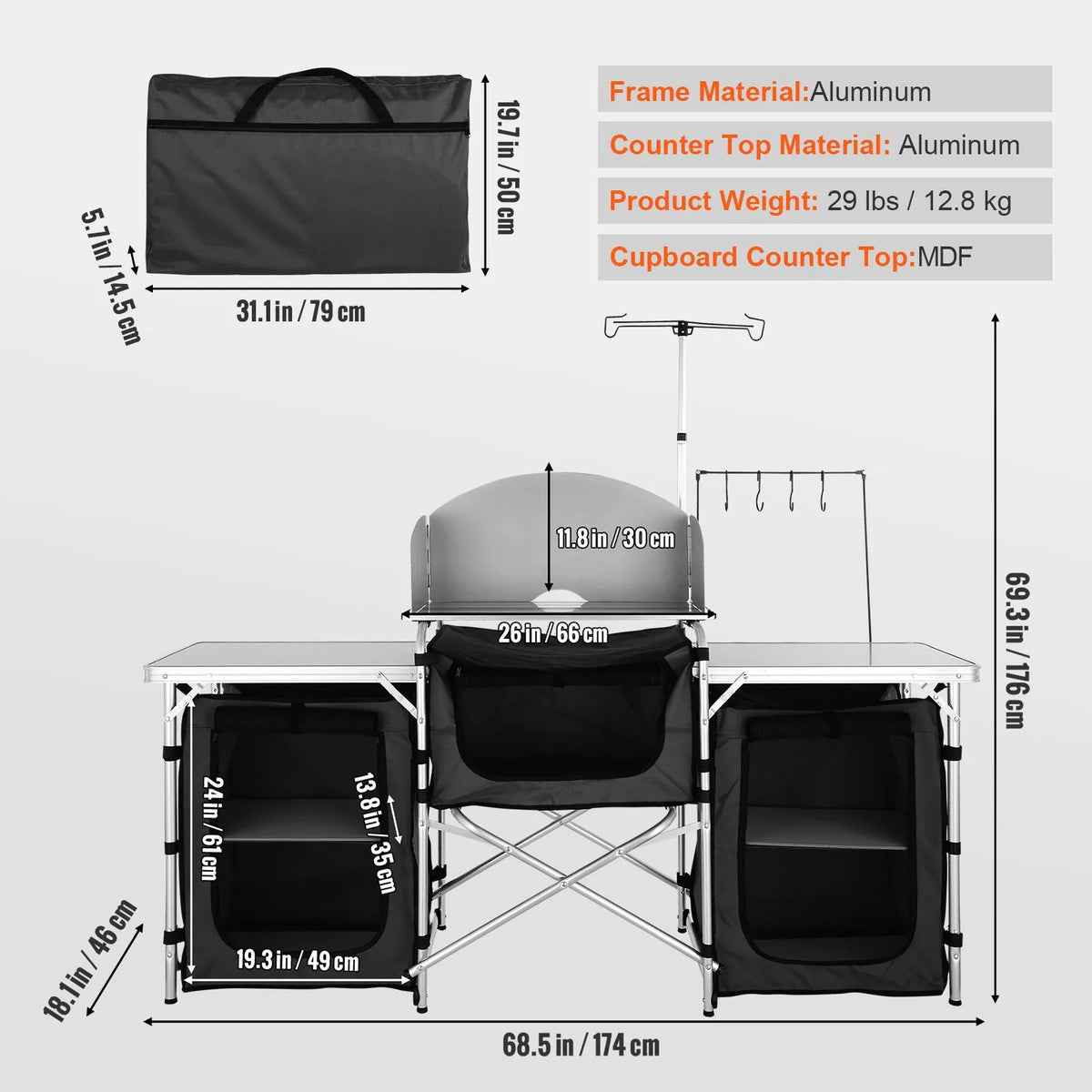 Camping Kitchen Table, Folding Outdoor Cooking Table with Storage Carrying Bag, Aluminum Cook Station 3 Cupboard & Detachable Windscreen, Quick Set-up for Picnics, BBQ, RV Traveling, Black - Image 7