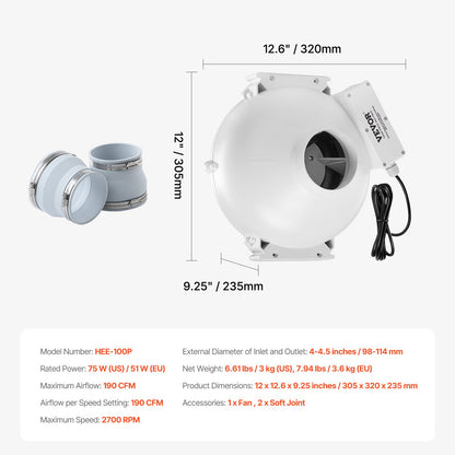 4" to 4.5" Radon Mitigation Fan System Quiet 190CFM Inline Duct Waterproof - Image 7