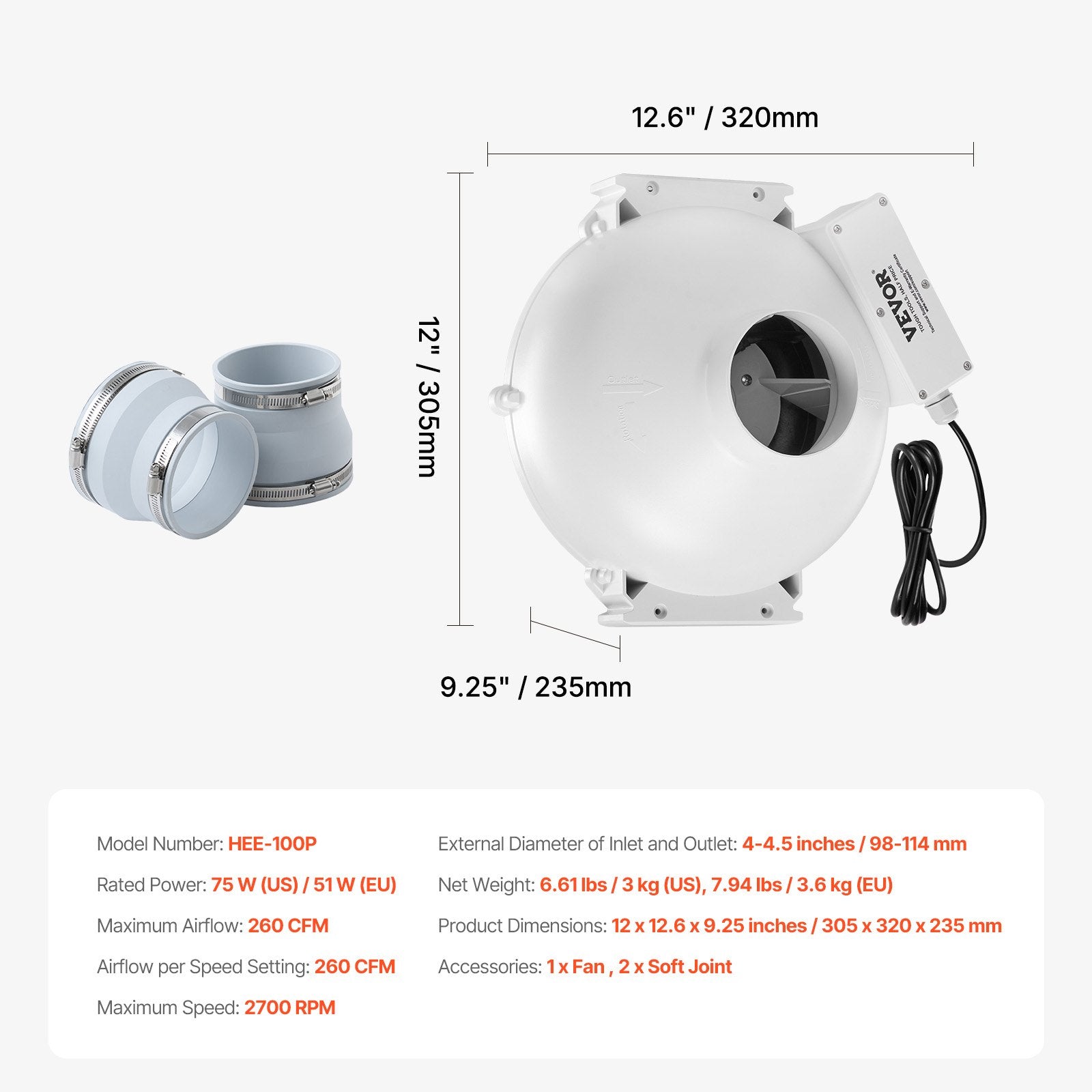 4" to 4.5" Radon Mitigation Fan System Quiet 260CFM Inline Duct Waterproof - Image 7