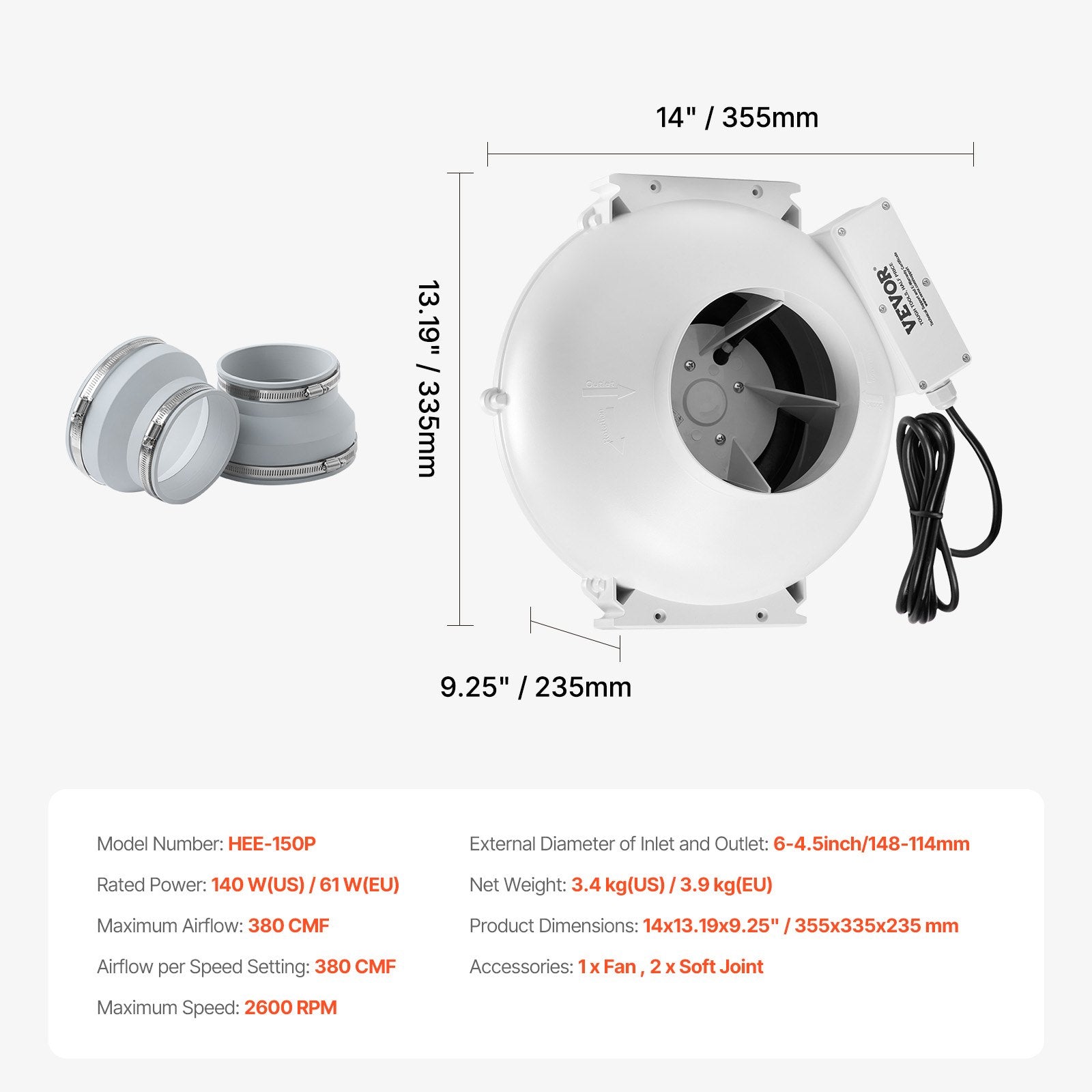 4" to 4.5" Radon Mitigation Fan System Quiet 380CFM Inline Duct Waterproof - Image 7