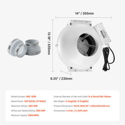 4" to 4.5" Radon Mitigation Fan System Quiet 380CFM Inline Duct Waterproof - Image 7