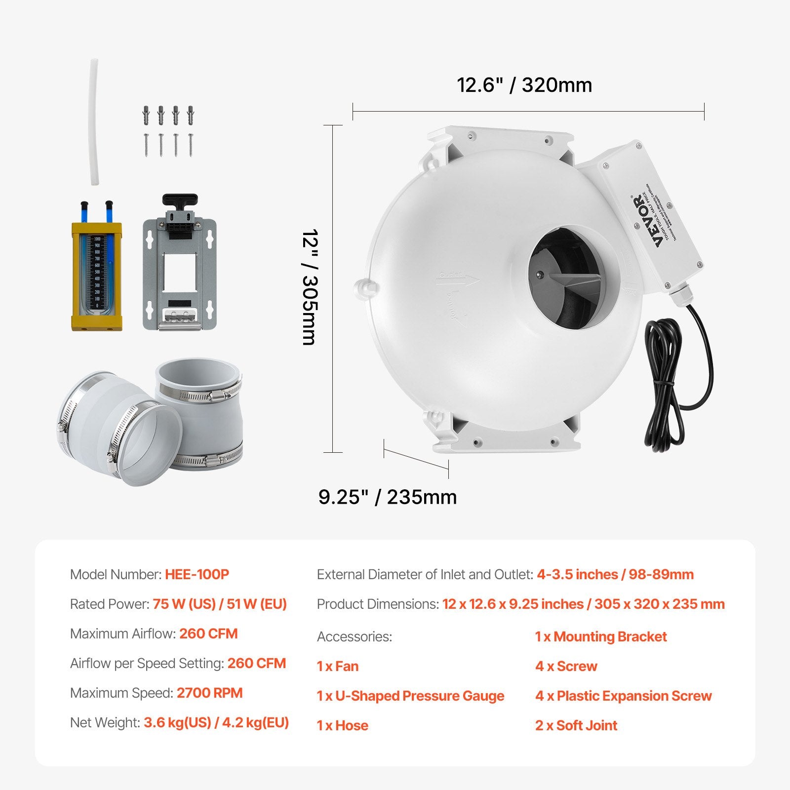 4" to 3.5" Radon Mitigation Fan System Kit Quiet 260 CFM Inline Duct Fan - Image 7