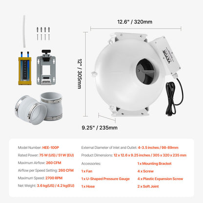 4" to 3.5" Radon Mitigation Fan System Kit Quiet 260 CFM Inline Duct Fan - Image 7