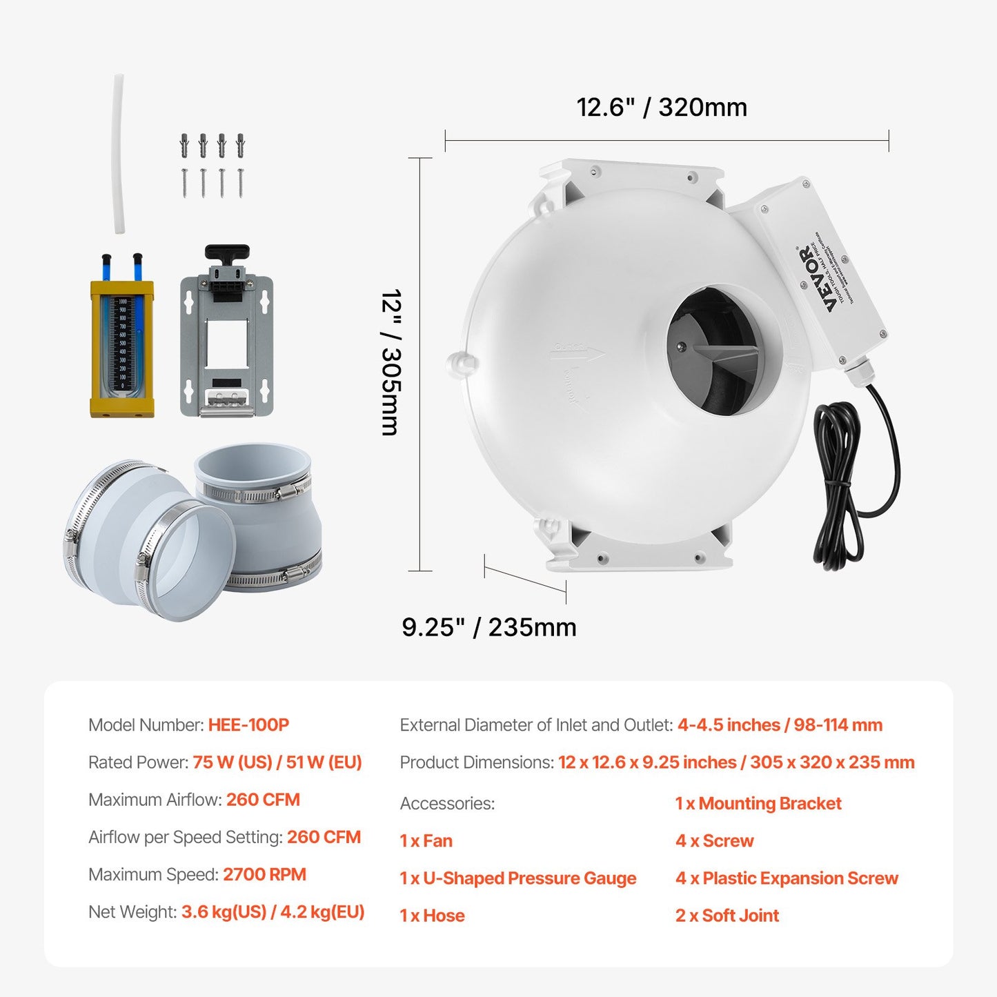 4" to 4.5" Radon Mitigation Fan System Kit Quiet 260 CFM Inline Duct Fan - Image 7