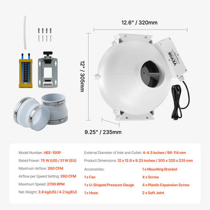 4" to 4.5" Radon Mitigation Fan System Kit Quiet 260 CFM Inline Duct Fan - Image 7