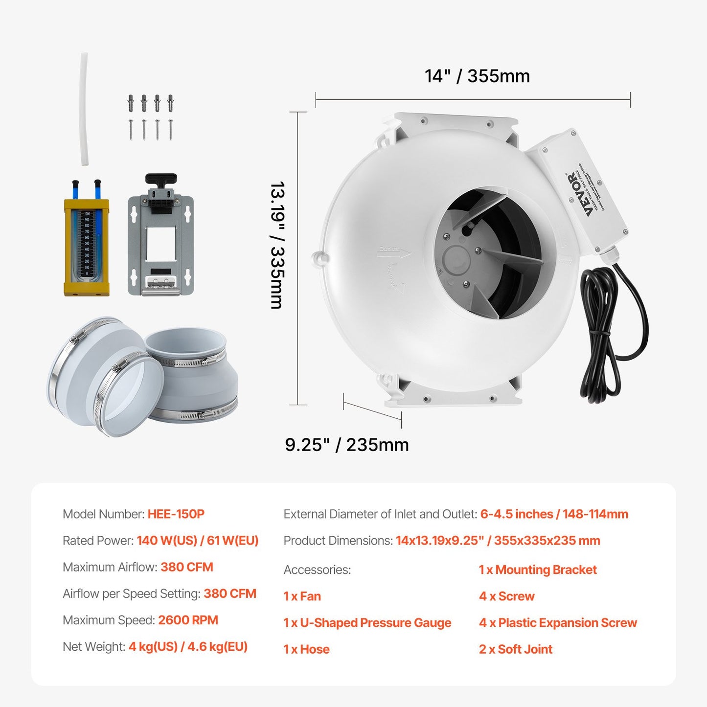 6" to 4.5" Radon Mitigation Fan System Kit Quiet 380 CFM Inline Duct Fan - Image 7