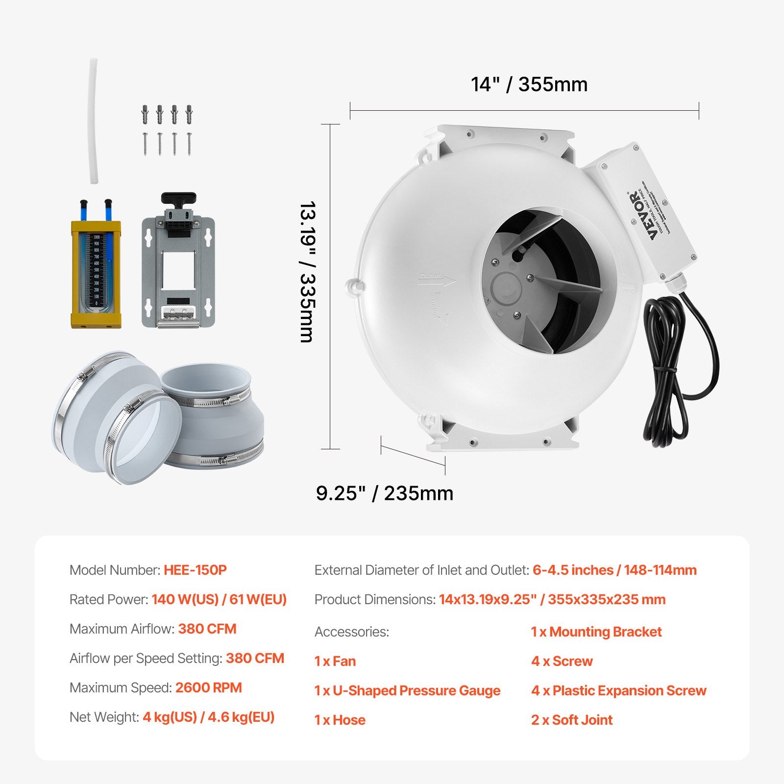 6" to 4.5" Radon Mitigation Fan System Kit Quiet 380 CFM Inline Duct Fan - Image 7