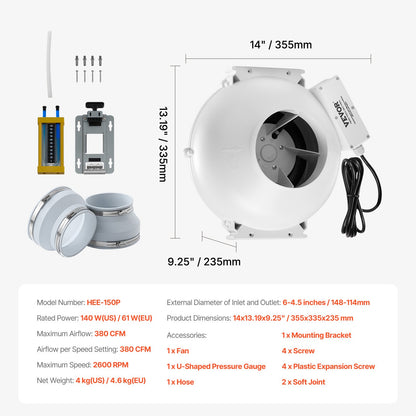 6" to 4.5" Radon Mitigation Fan System Kit Quiet 380 CFM Inline Duct Fan - Image 7