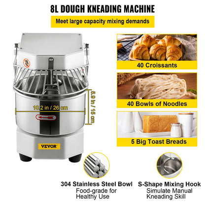 Commercial Dough Food Mixer, 8L Large Capacity Stainless Steel Mixer with Bowel, Hook, Shield, Reset Button, 450W Tilt-Head Kitchen Dough Mixers for Cake, Cream, Egg Fluid, Fillings - Image 3