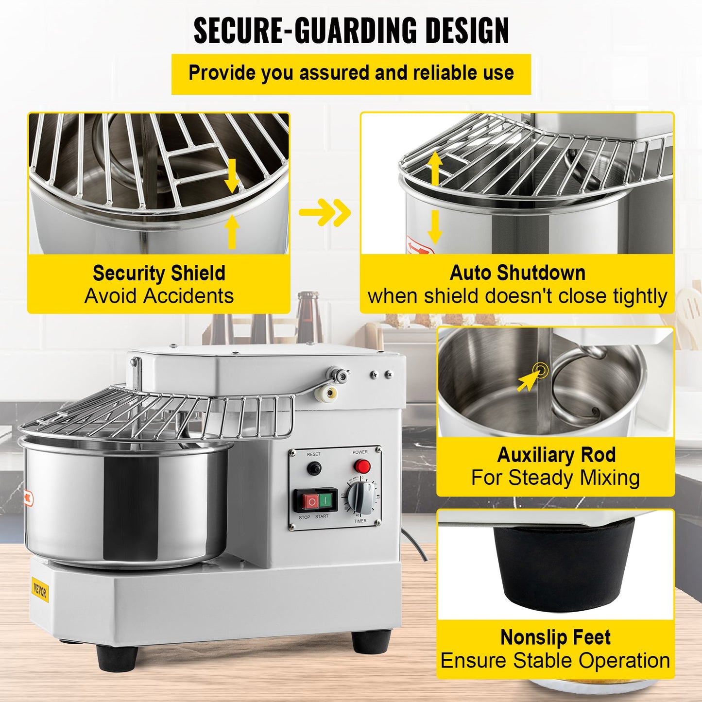 Commercial Dough Food Mixer, 8L Large Capacity Stainless Steel Mixer with Bowel, Hook, Shield, Reset Button, 450W Tilt-Head Kitchen Dough Mixers for Cake, Cream, Egg Fluid, Fillings - Image 6
