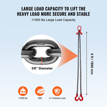 Chain Sling, 10 mm x 180 cm Lifting Chains with Hooks, G80 Engine Chain Hoist Lifts, 5 Ton Lifting Sling Chains for Engine Hoist, Engine Lift Chain with 2 Leg Grab Hooks and Adjusters Heavy Duty - Image 3