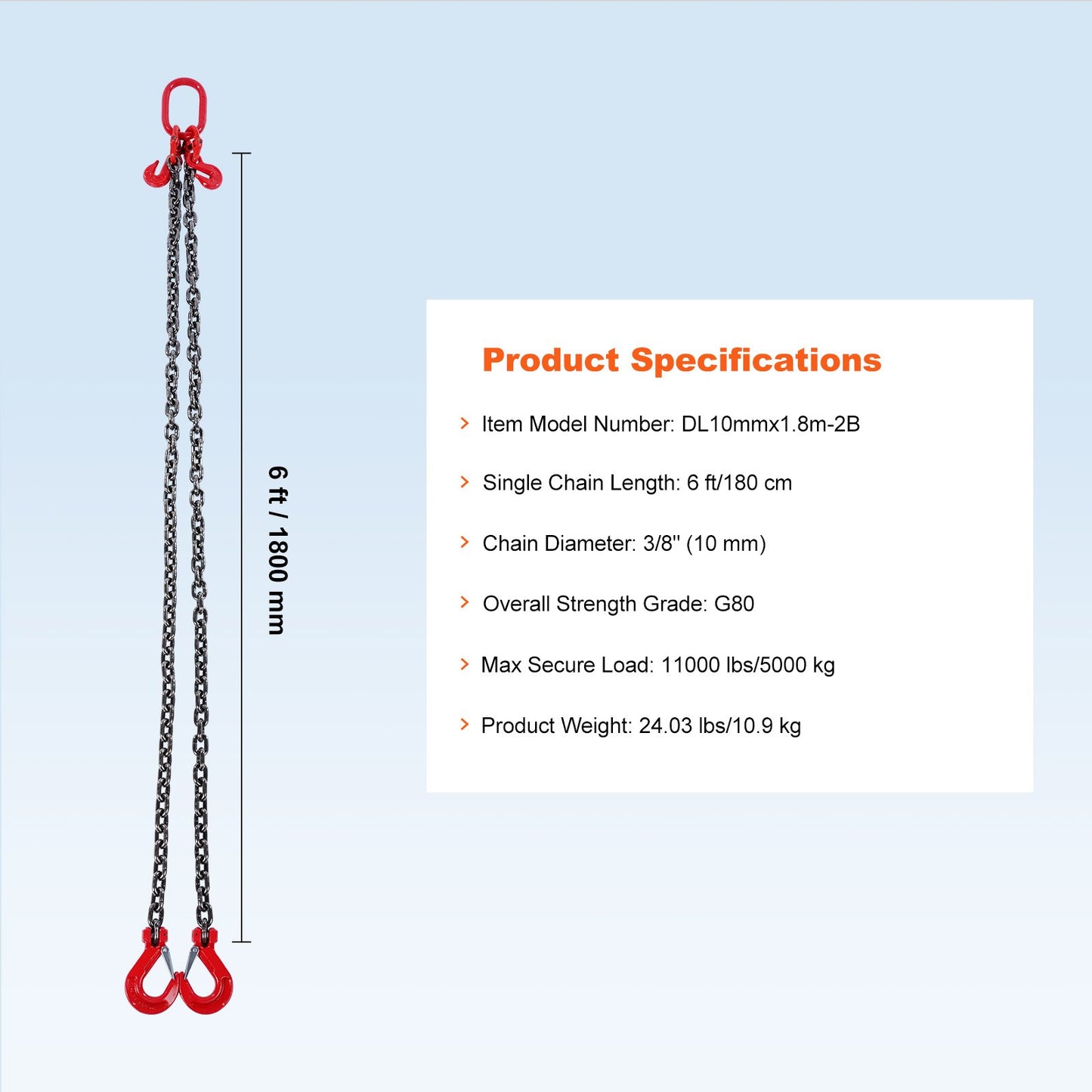 Chain Sling, 10 mm x 180 cm Lifting Chains with Hooks, G80 Engine Chain Hoist Lifts, 5 Ton Lifting Sling Chains for Engine Hoist, Engine Lift Chain with 2 Leg Grab Hooks and Adjusters Heavy Duty - Image 7