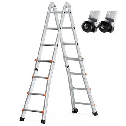 Telescoping Ladder A Frame, 13 FT Compact Aluminum Extension Ladder, Multi-Function Portable Collapsible RV Ladder, Telescopic Ladder for Homework Stairs Indoor Outdoor Roof, 330lb Load