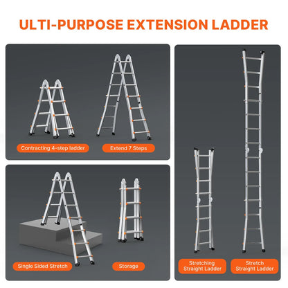 Telescoping Ladder A Frame, 13 FT Compact Aluminum Extension Ladder, Multi-Function Portable Collapsible RV Ladder, Telescopic Ladder for Homework Stairs Indoor Outdoor Roof, 330lb Load - Image 4