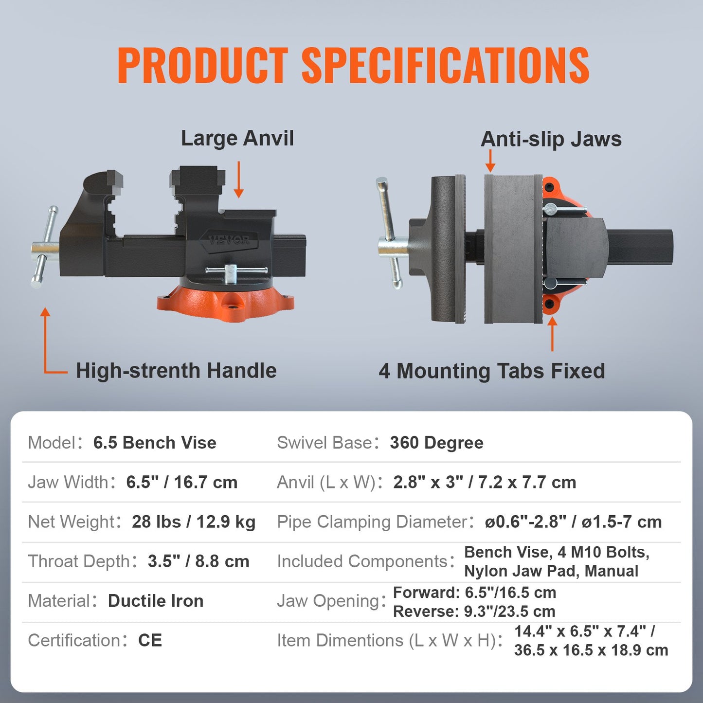 16.7cm Bench Vise Anvil Swivel Locking Base Heavy Duty Ductile Iron Vice - Image 7