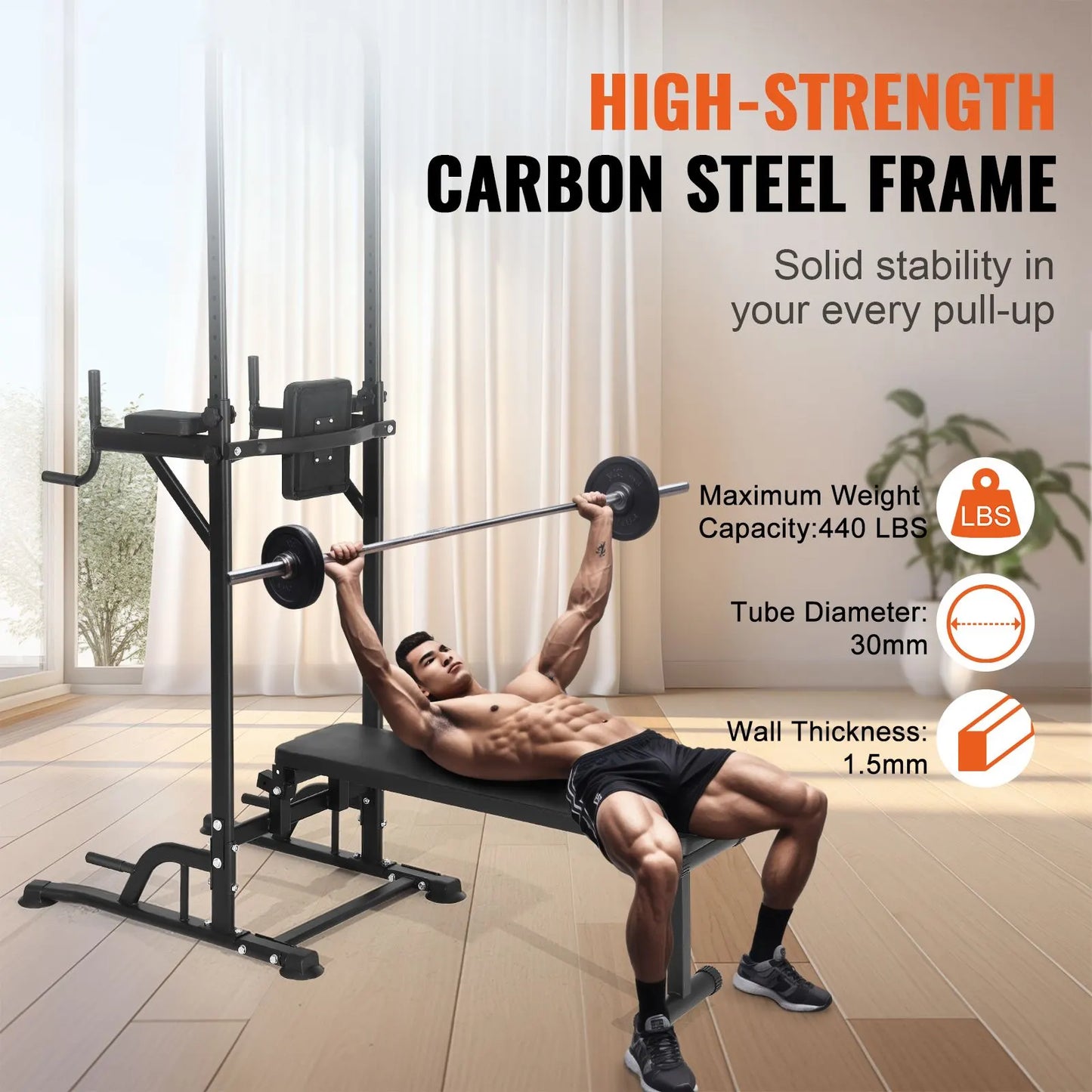 Power Tower with Bench, 10-Level Height Adjustable Pull Up Bar Stand Dip Station & Detachable Bench, Multi-Function Home Gym Strength Training Fitness Equipment with Backrest, Elbow Pads, 440LBS - Image 2