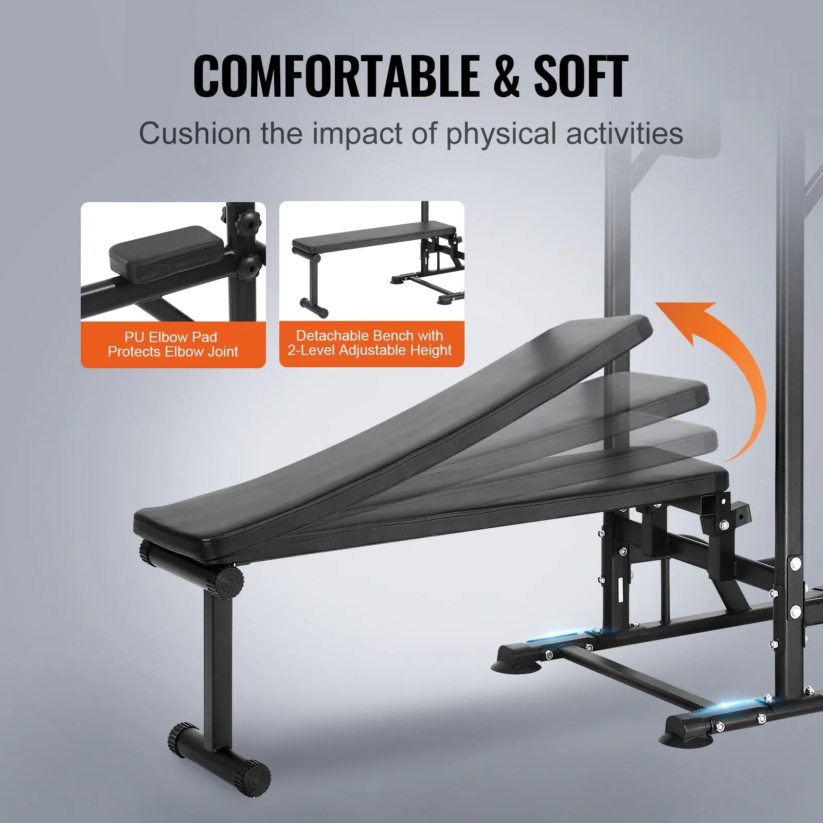 Power Tower with Bench, 10-Level Height Adjustable Pull Up Bar Stand Dip Station & Detachable Bench, Multi-Function Home Gym Strength Training Fitness Equipment with Backrest, Elbow Pads, 440LBS - Image 4