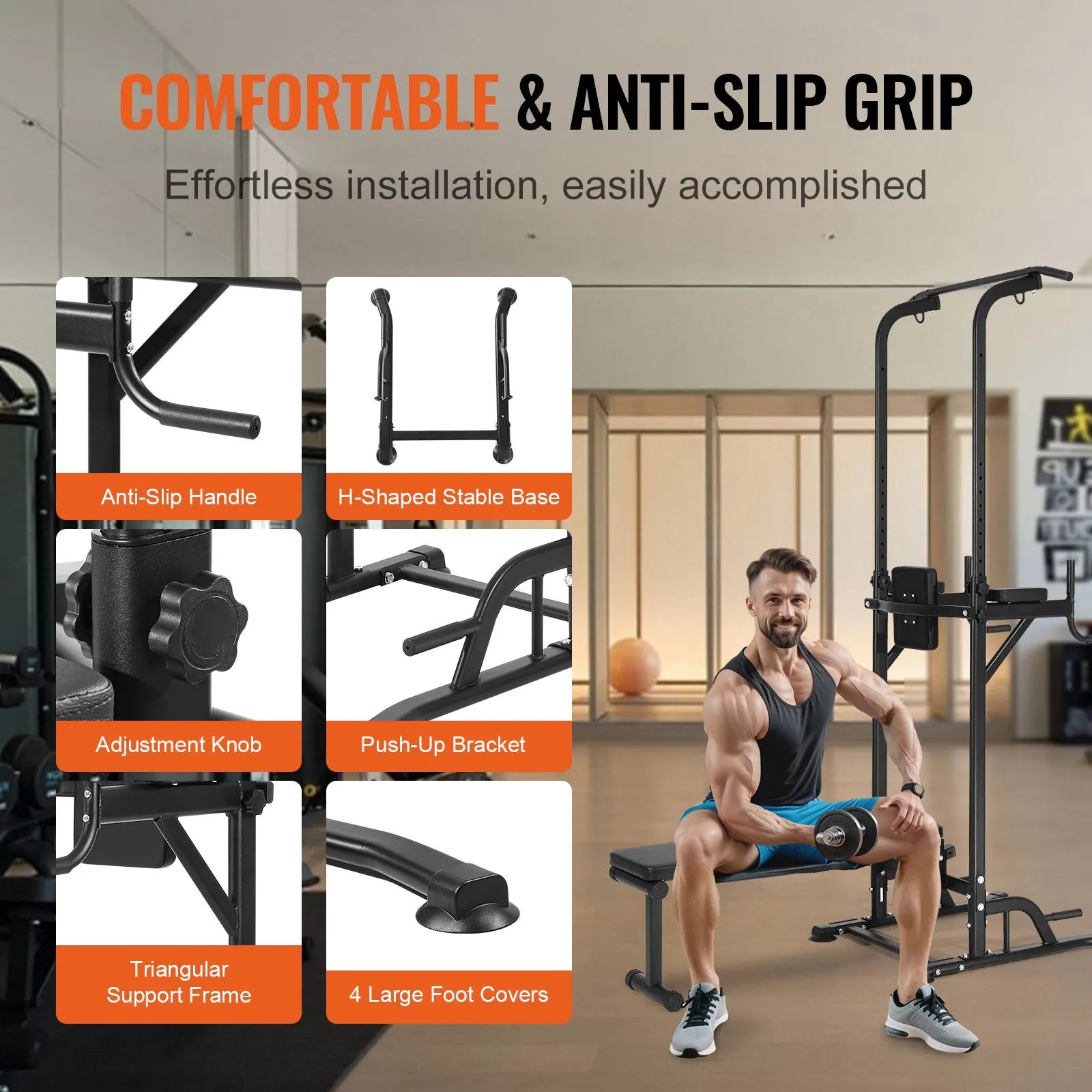 Power Tower with Bench, 10-Level Height Adjustable Pull Up Bar Stand Dip Station & Detachable Bench, Multi-Function Home Gym Strength Training Fitness Equipment with Backrest, Elbow Pads, 440LBS - Image 6