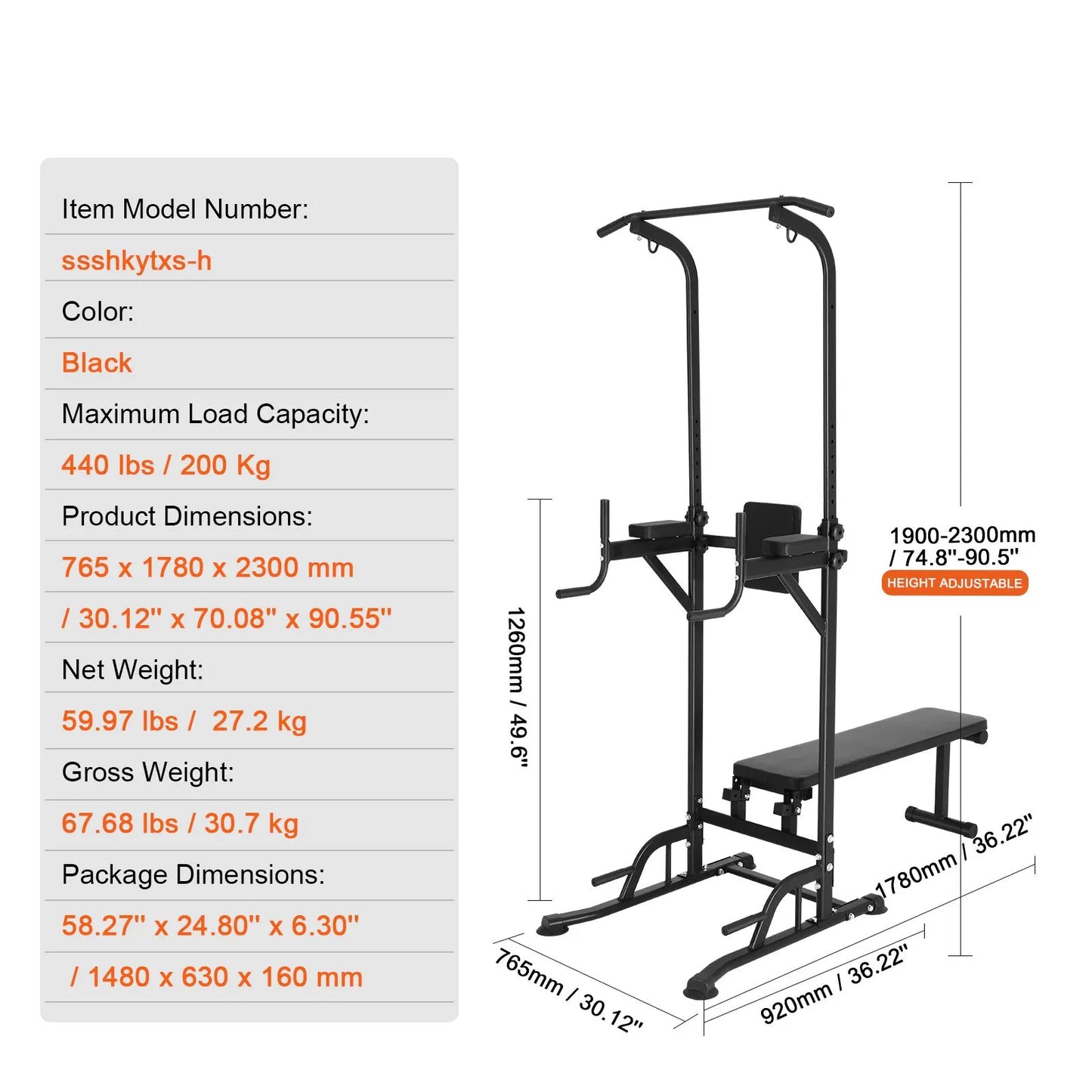 Power Tower with Bench, 10-Level Height Adjustable Pull Up Bar Stand Dip Station & Detachable Bench, Multi-Function Home Gym Strength Training Fitness Equipment with Backrest, Elbow Pads, 440LBS - Image 7