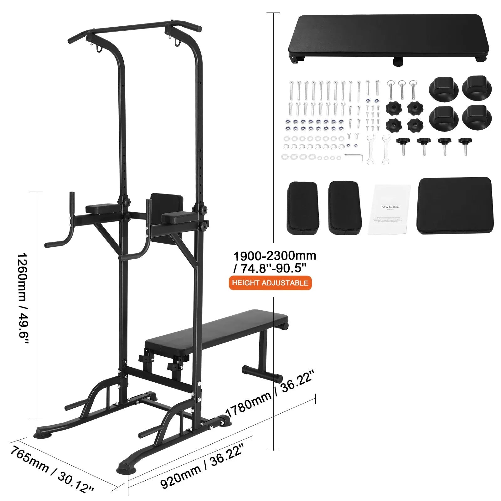 Power Tower with Bench, 10-Level Height Adjustable Pull Up Bar Stand Dip Station & Detachable Bench, Multi-Function Home Gym Strength Training Fitness Equipment with Backrest, Elbow Pads, 440LBS - Image 8