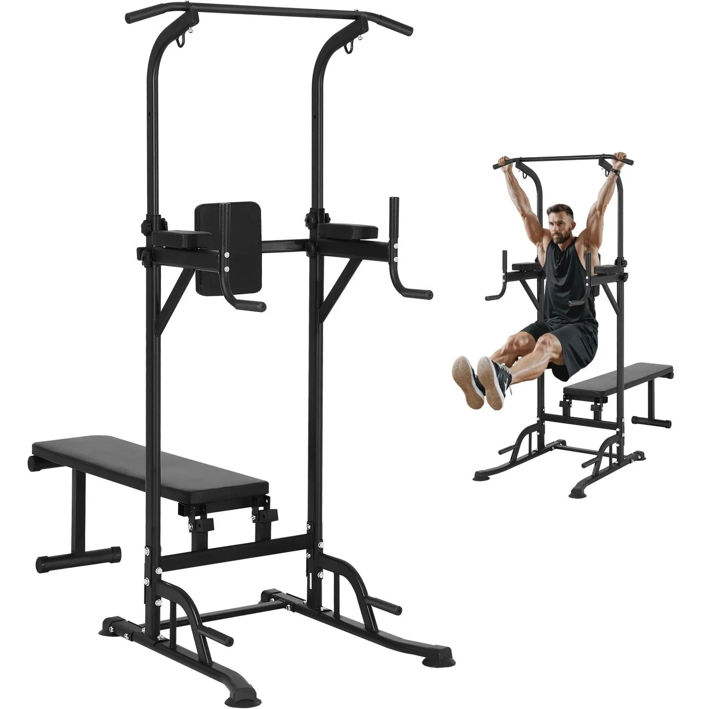 Power Tower with Bench, 10-Level Height Adjustable Pull Up Bar Stand Dip Station & Detachable Bench, Multi-Function Home Gym Strength Training Fitness Equipment with Backrest, Elbow Pads, 440LBS - Image 9