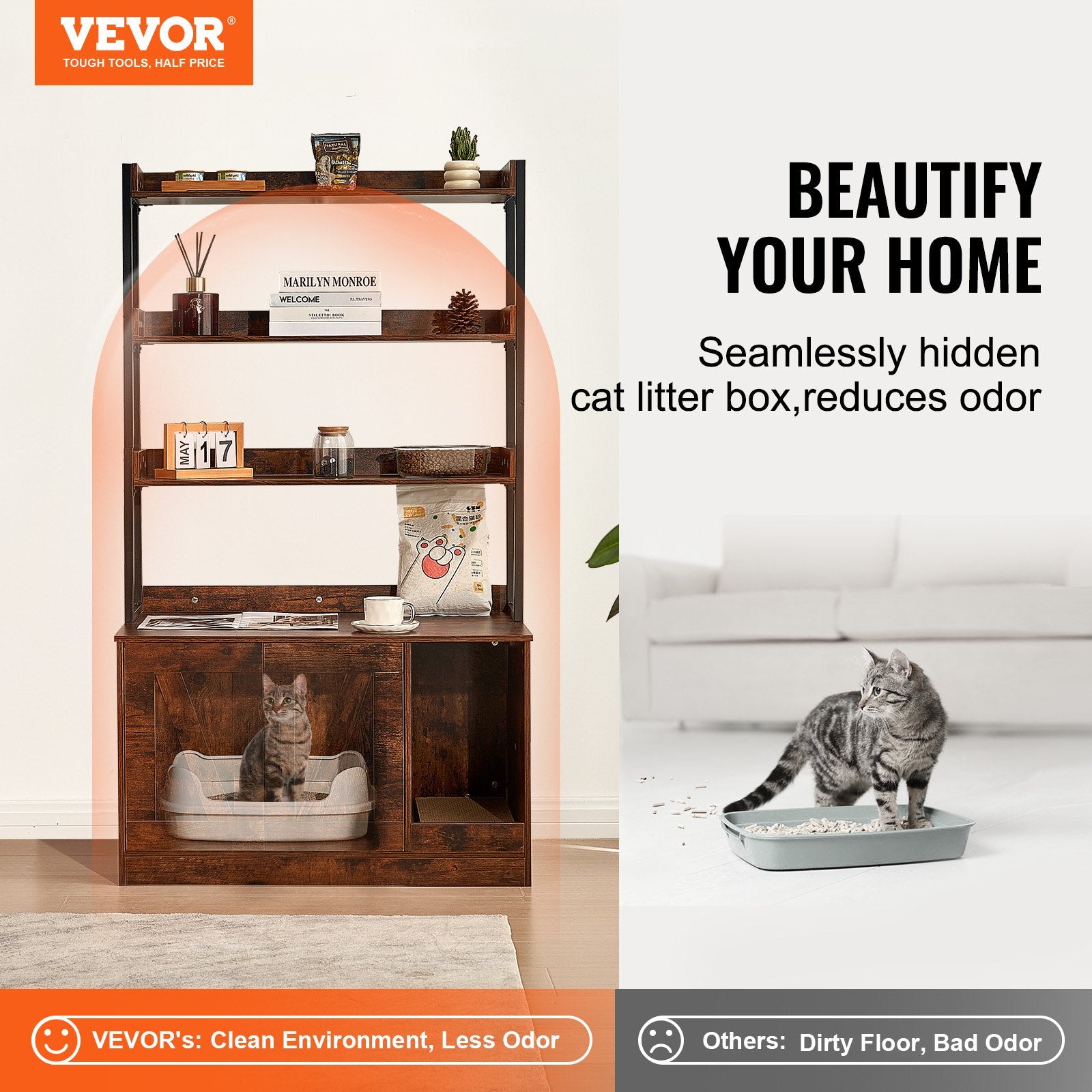 Cat Litter Box Enclosure Wooden Litter Box Furniture Hidden with 3 Shelves - Image 2