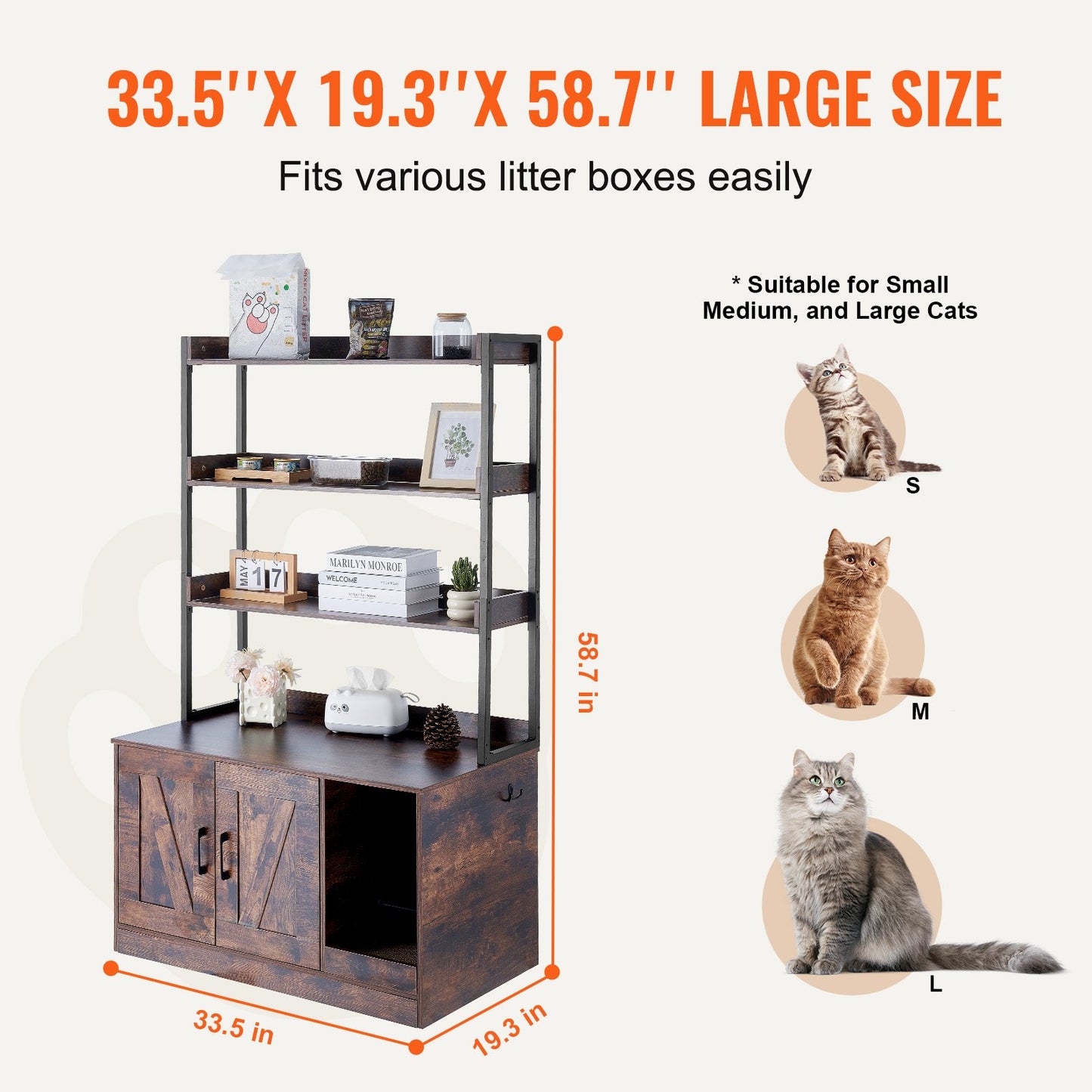 Cat Litter Box Enclosure Wooden Litter Box Furniture Hidden with 3 Shelves - Image 3