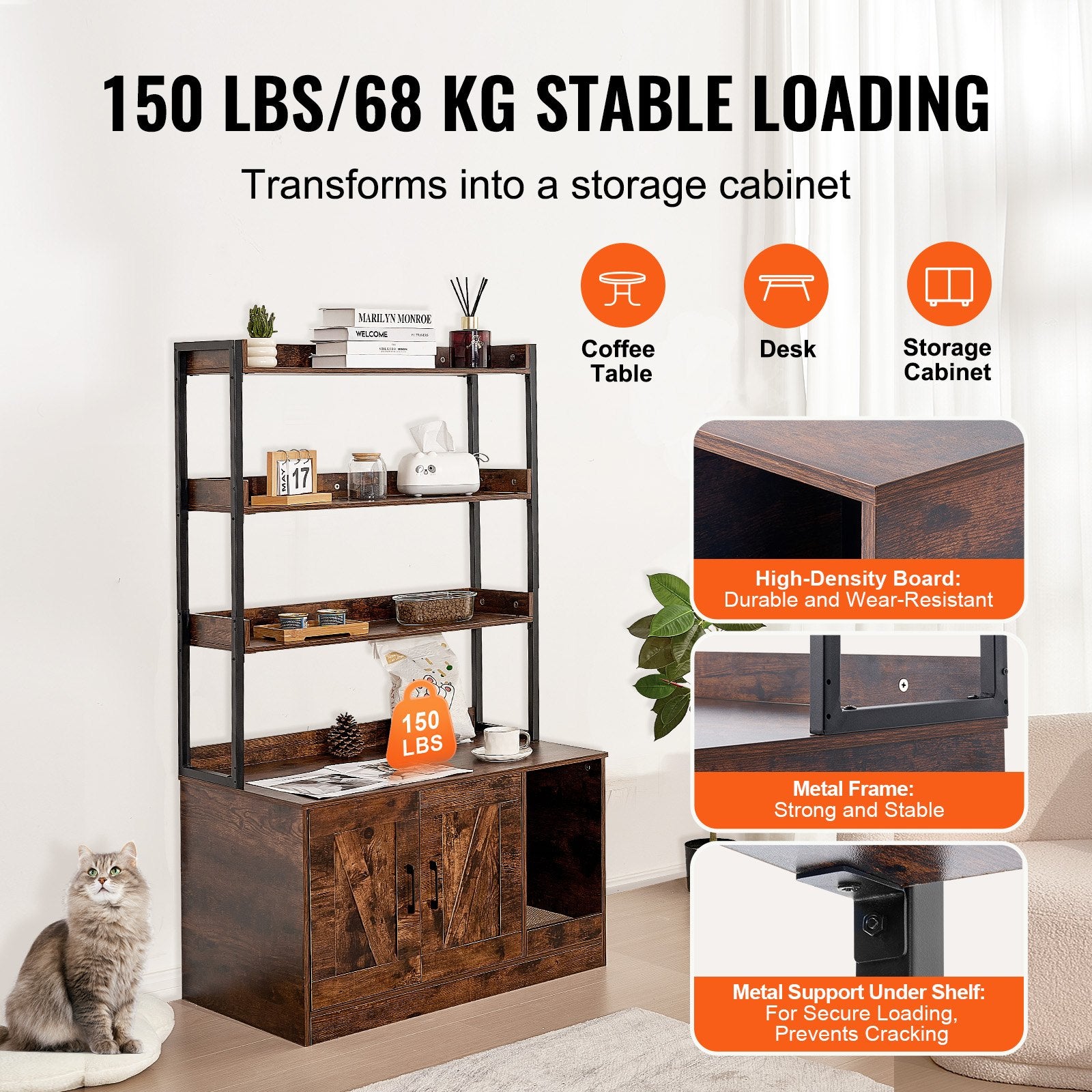 Cat Litter Box Enclosure Wooden Litter Box Furniture Hidden with 3 Shelves - Image 4