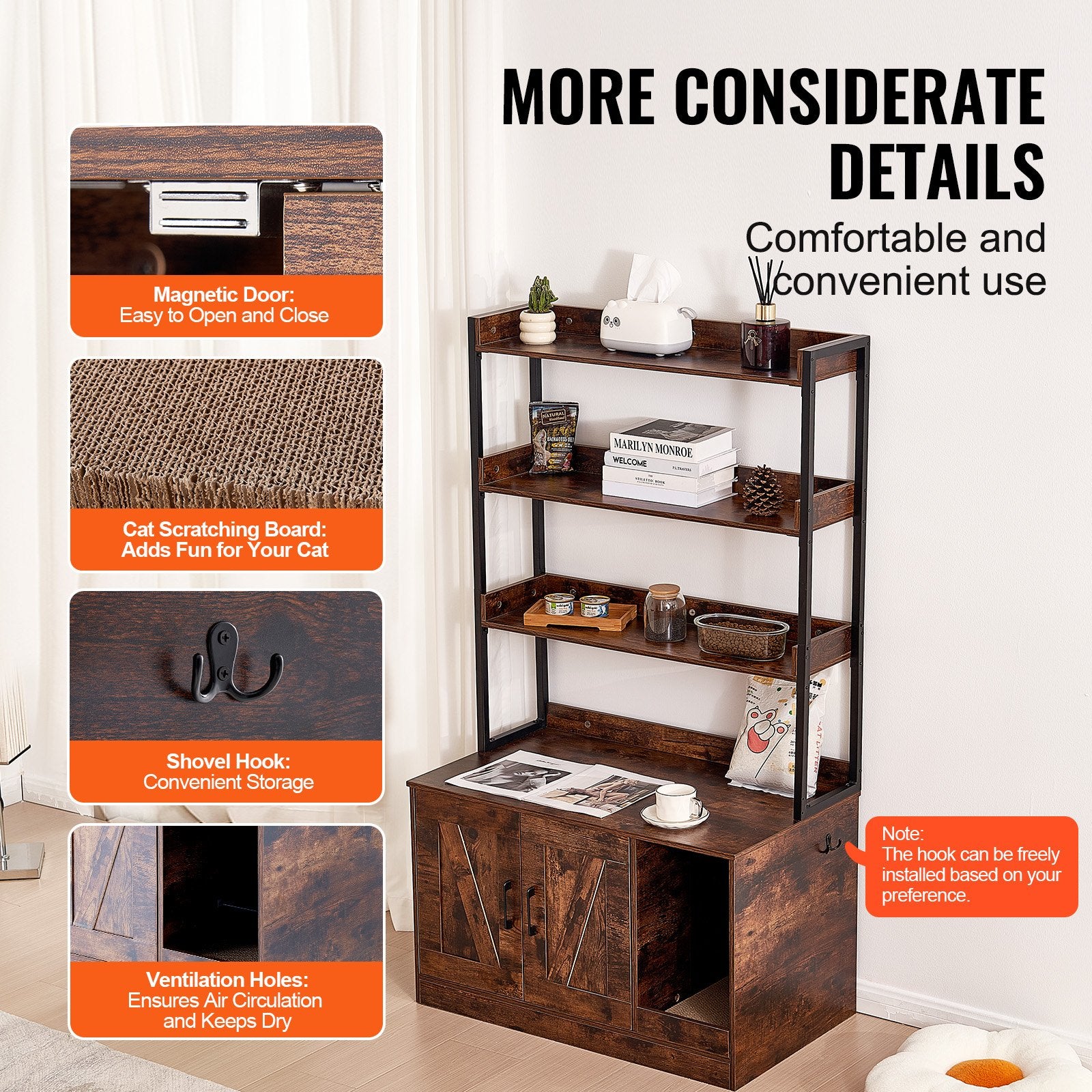Cat Litter Box Enclosure Wooden Litter Box Furniture Hidden with 3 Shelves - Image 6
