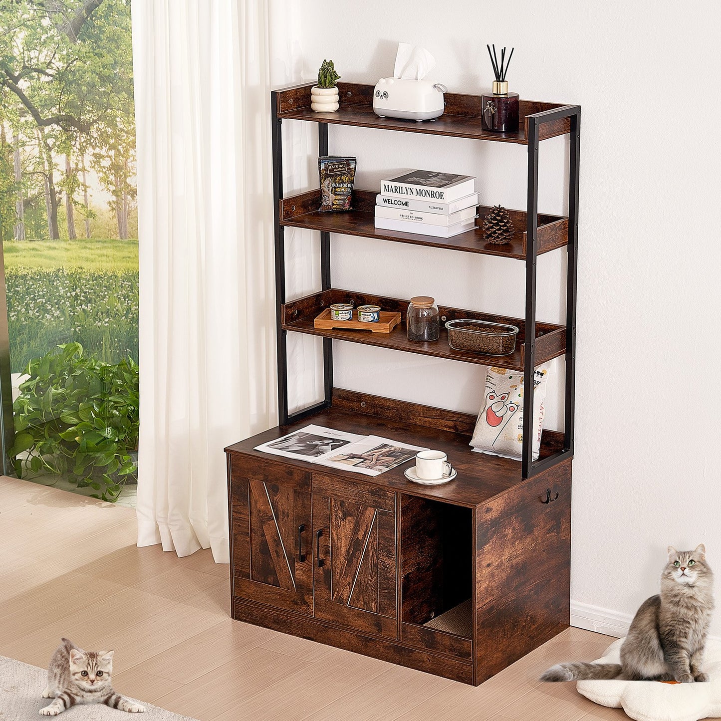 Cat Litter Box Enclosure Wooden Litter Box Furniture Hidden with 3 Shelves - Image 8