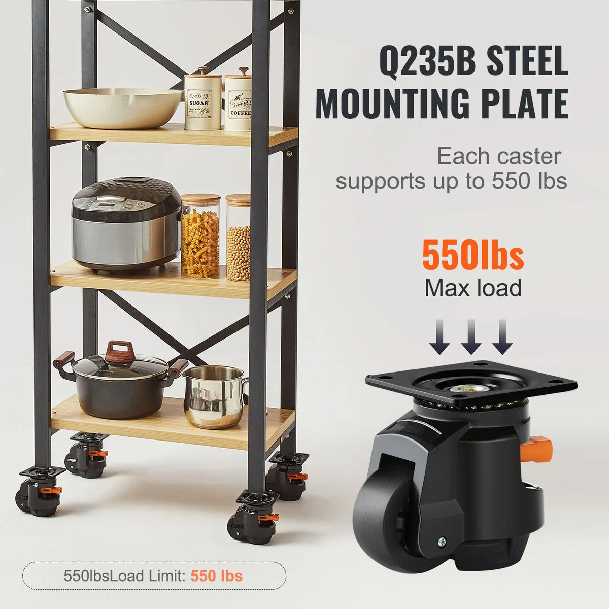 Leveling Casters, Set of 4, 1000 kg Total Load Capacity, 63.5 mm, Heavy Duty with Upgraded Handle Design, 360 Degree Swivel Caster Wheels, Adjustable Casters with Feet for Workbench, Machine - Image 5