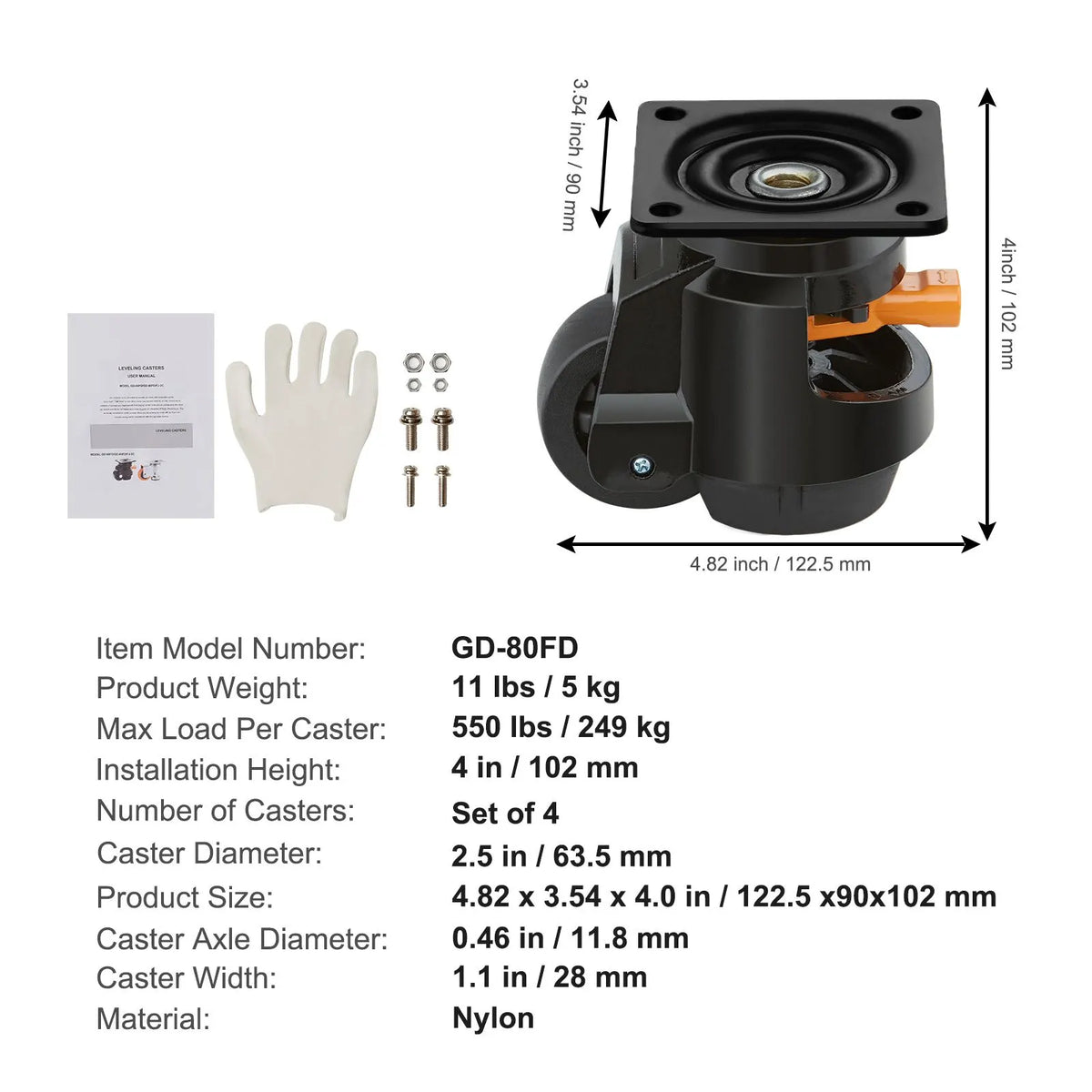 Leveling Casters, Set of 4, 1000 kg Total Load Capacity, 63.5 mm, Heavy Duty with Upgraded Handle Design, 360 Degree Swivel Caster Wheels, Adjustable Casters with Feet for Workbench, Machine - Image 7