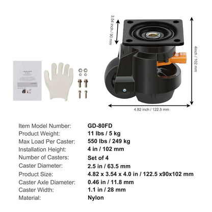 Leveling Casters, Set of 4, 1000 kg Total Load Capacity, 63.5 mm, Heavy Duty with Upgraded Handle Design, 360 Degree Swivel Caster Wheels, Adjustable Casters with Feet for Workbench, Machine - Image 7