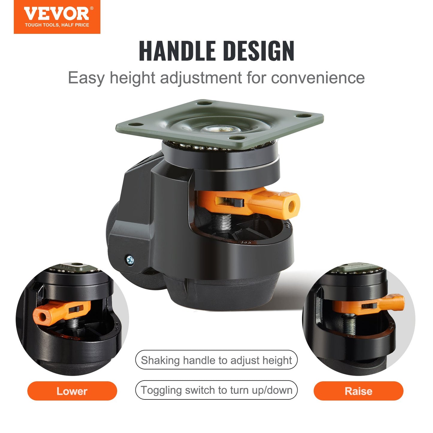 Leveling Casters, Set of 4, 1000 kg Total Load Capacity, 63.5 mm, Heavy Duty with Upgraded Handle Design, 360 Degree Swivel Caster Wheels, Adjustable Casters with Feet for Workbench, Machine - Image 2