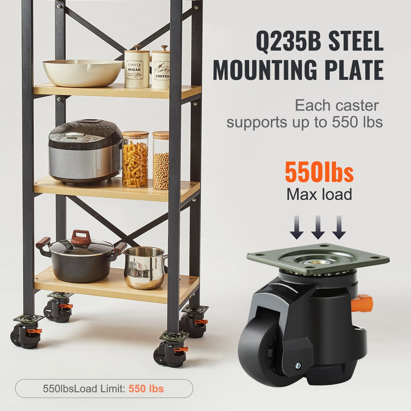 Leveling Casters, Set of 4, 1000 kg Total Load Capacity, 63.5 mm, Heavy Duty with Upgraded Handle Design, 360 Degree Swivel Caster Wheels, Adjustable Casters with Feet for Workbench, Machine - Image 5