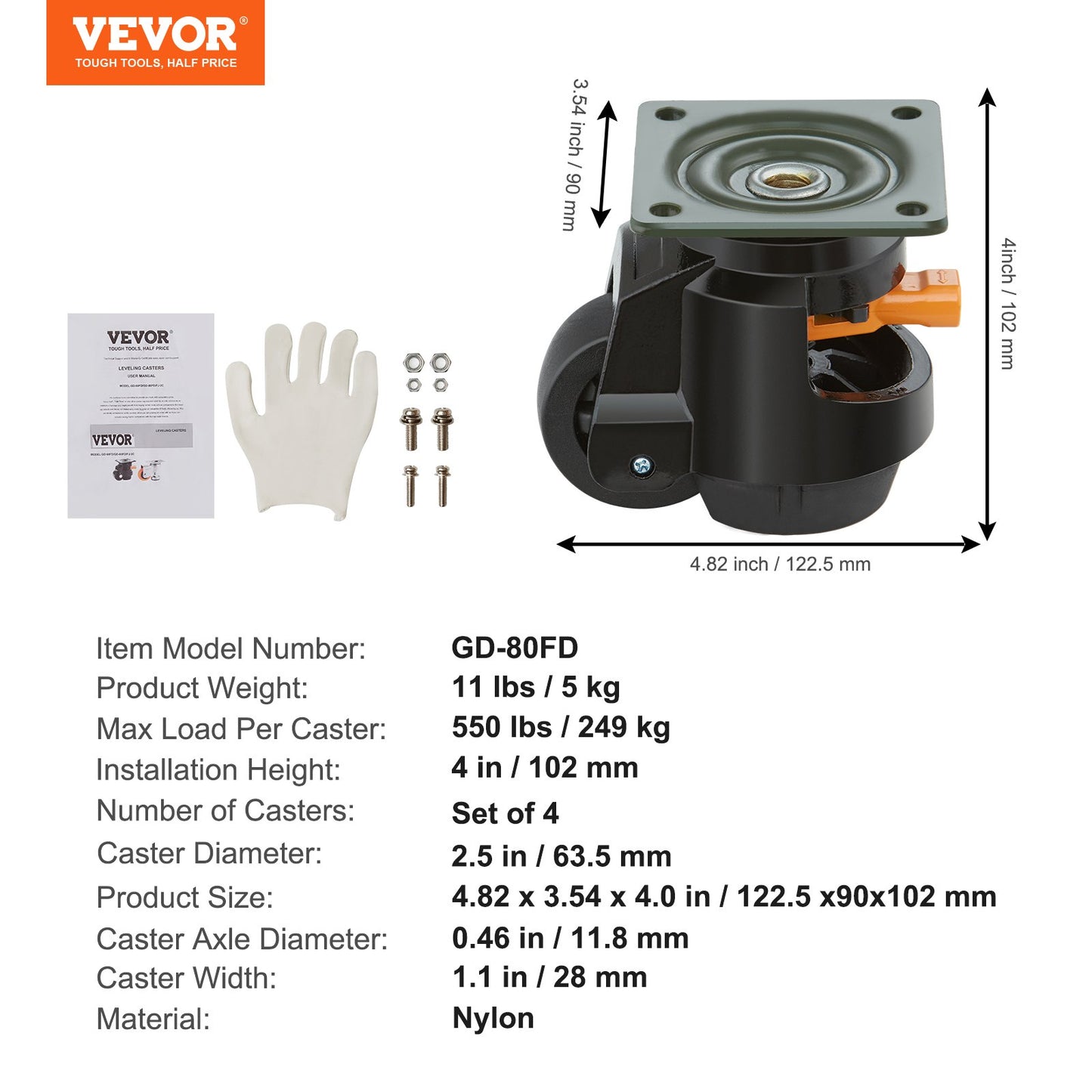 Leveling Casters, Set of 4, 1000 kg Total Load Capacity, 63.5 mm, Heavy Duty with Upgraded Handle Design, 360 Degree Swivel Caster Wheels, Adjustable Casters with Feet for Workbench, Machine - Image 7