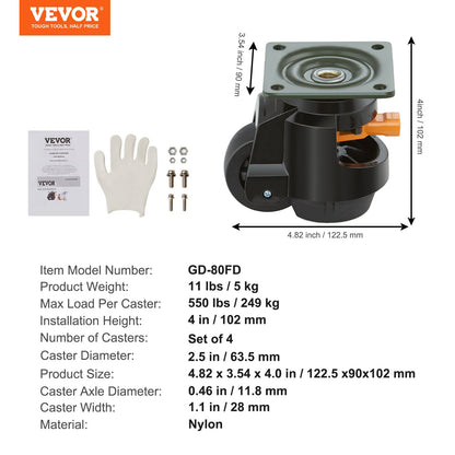 Leveling Casters, Set of 4, 1000 kg Total Load Capacity, 63.5 mm, Heavy Duty with Upgraded Handle Design, 360 Degree Swivel Caster Wheels, Adjustable Casters with Feet for Workbench, Machine - Image 7