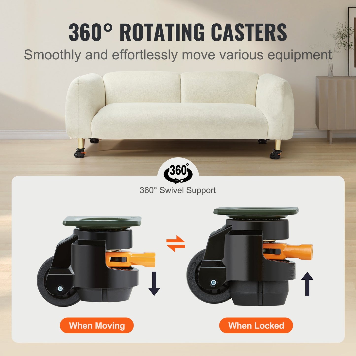 Leveling Casters, Set of 4, 500 kg Total Load Capacity, 50.8 mm, Heavy Duty with Upgraded Handle Design, 360 Degree Swivel Caster Wheels, Adjustable Casters with Feet for Workbench, Machine - Image 4