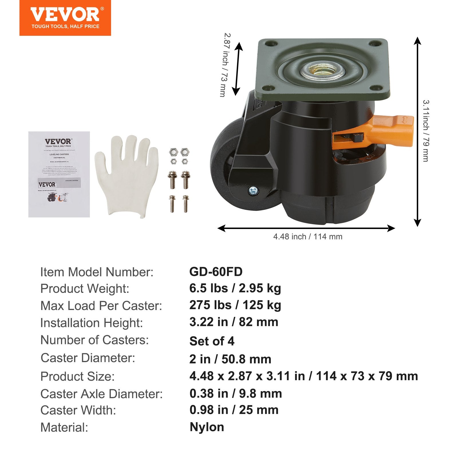 Leveling Casters, Set of 4, 500 kg Total Load Capacity, 50.8 mm, Heavy Duty with Upgraded Handle Design, 360 Degree Swivel Caster Wheels, Adjustable Casters with Feet for Workbench, Machine - Image 7